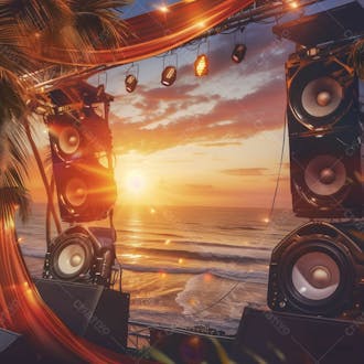 Sunset | praia, por do sol, caixas de som | background | imagem para composição