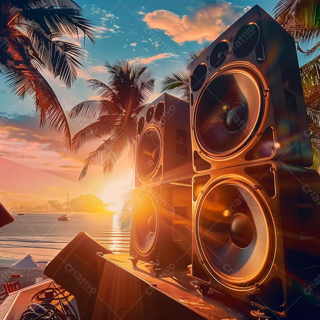 Caixas de som em praia ao pôr do sol