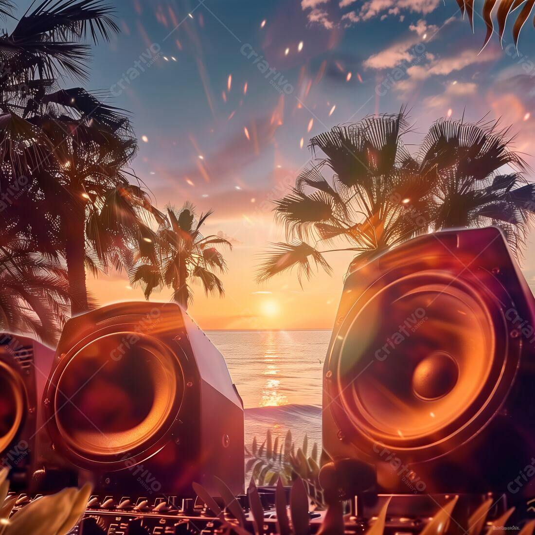 Caixas de Som em Praia Tropical ao Pôr do Sol