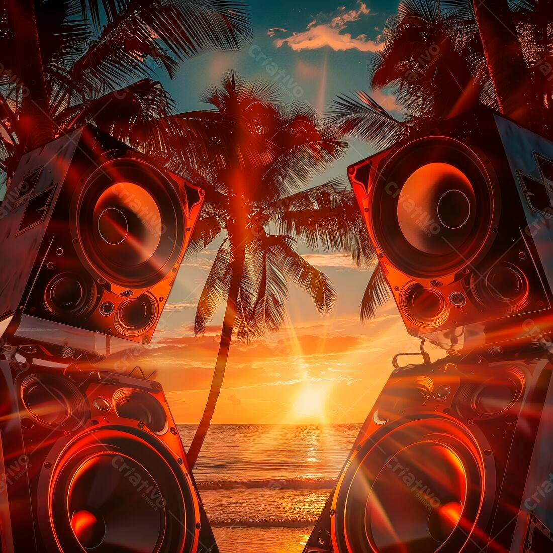 Caixas de som na praia ao pôr do sol