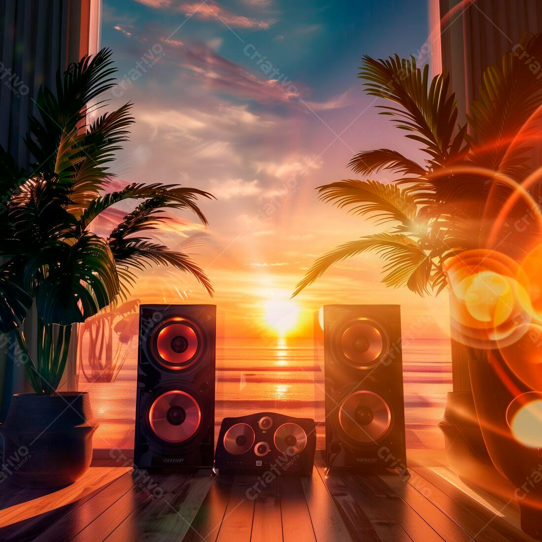 Caixas de som em pôr do sol tropical
