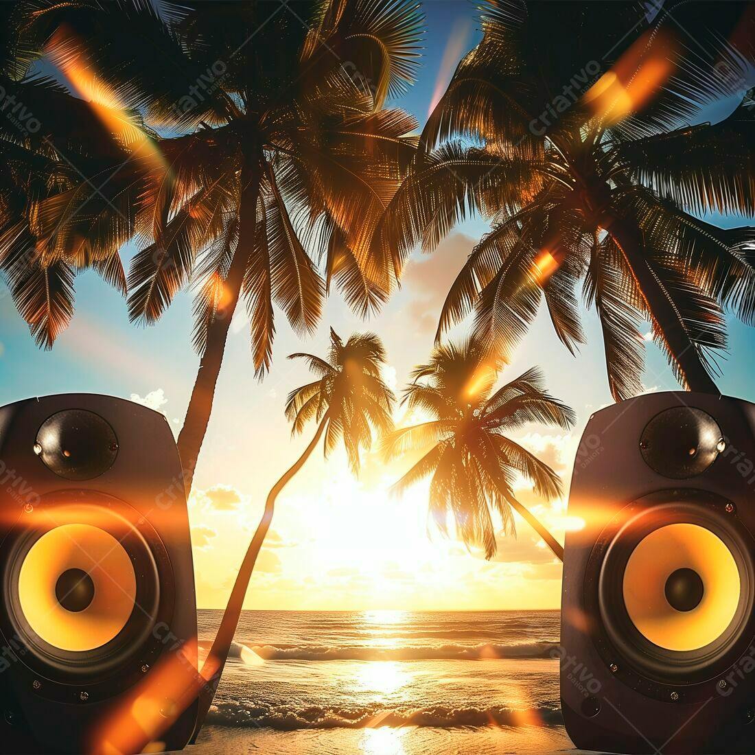 Caixas de Som em Praia Tropical ao Pôr do Sol