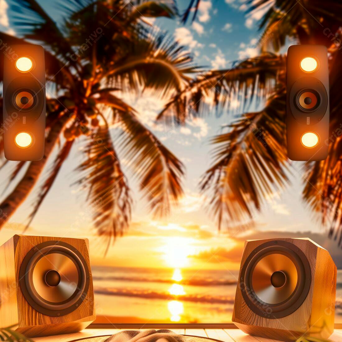 Caixas de som na praia ao pôr do sol