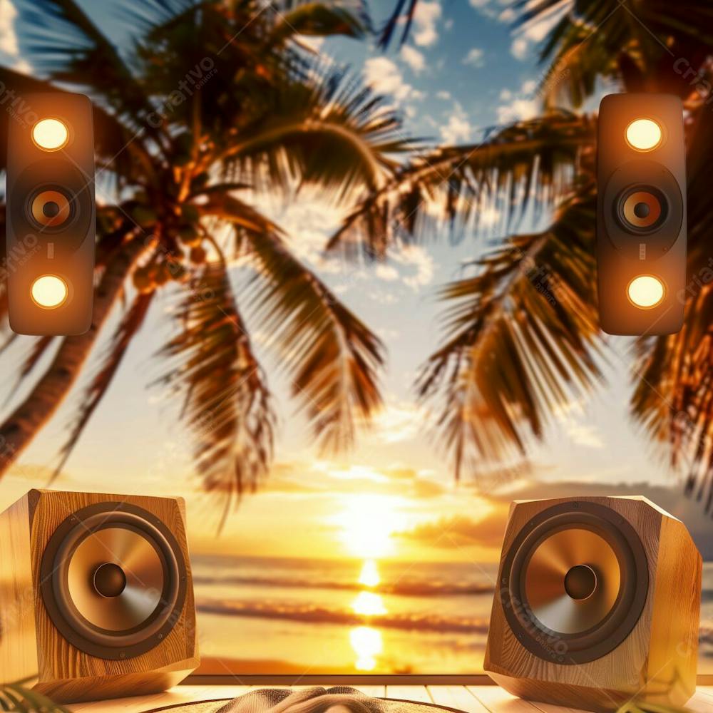 SUNSET | PRAIA, POR DO SOL, CAIXAS DE SOM | BACKGROUND | IMAGEM PARA COMPOSIÇÃO