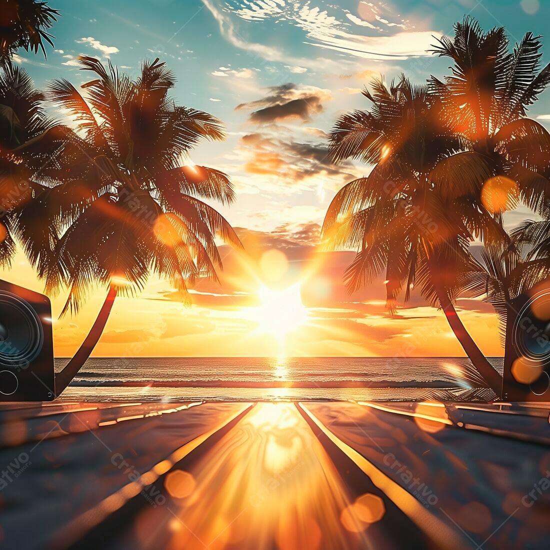 Por do Sol Tropical com Caixas de Som na Praia