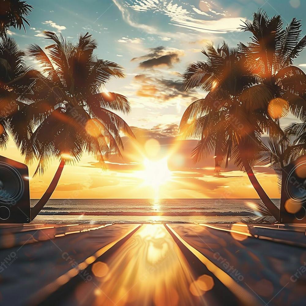 SUNSET | PRAIA, POR DO SOL, CAIXAS DE SOM | BACKGROUND | IMAGEM PARA COMPOSIÇÃO