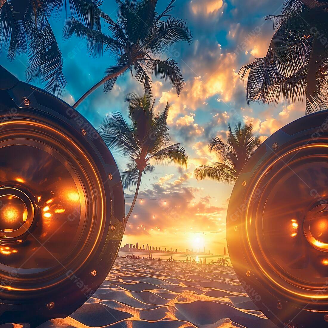 Caixas de Som em Praia Tropical ao Pôr do Sol