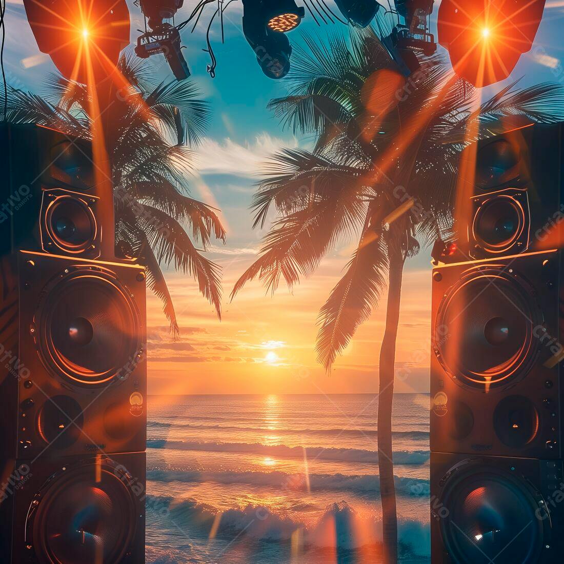 Caixas de som em praia ao pôr do sol