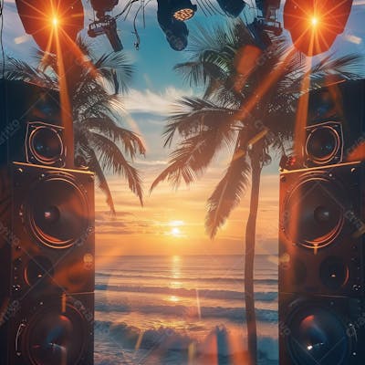 SUNSET | PRAIA, POR DO SOL, CAIXAS DE SOM | BACKGROUND | IMAGEM PARA COMPOSIÇÃO