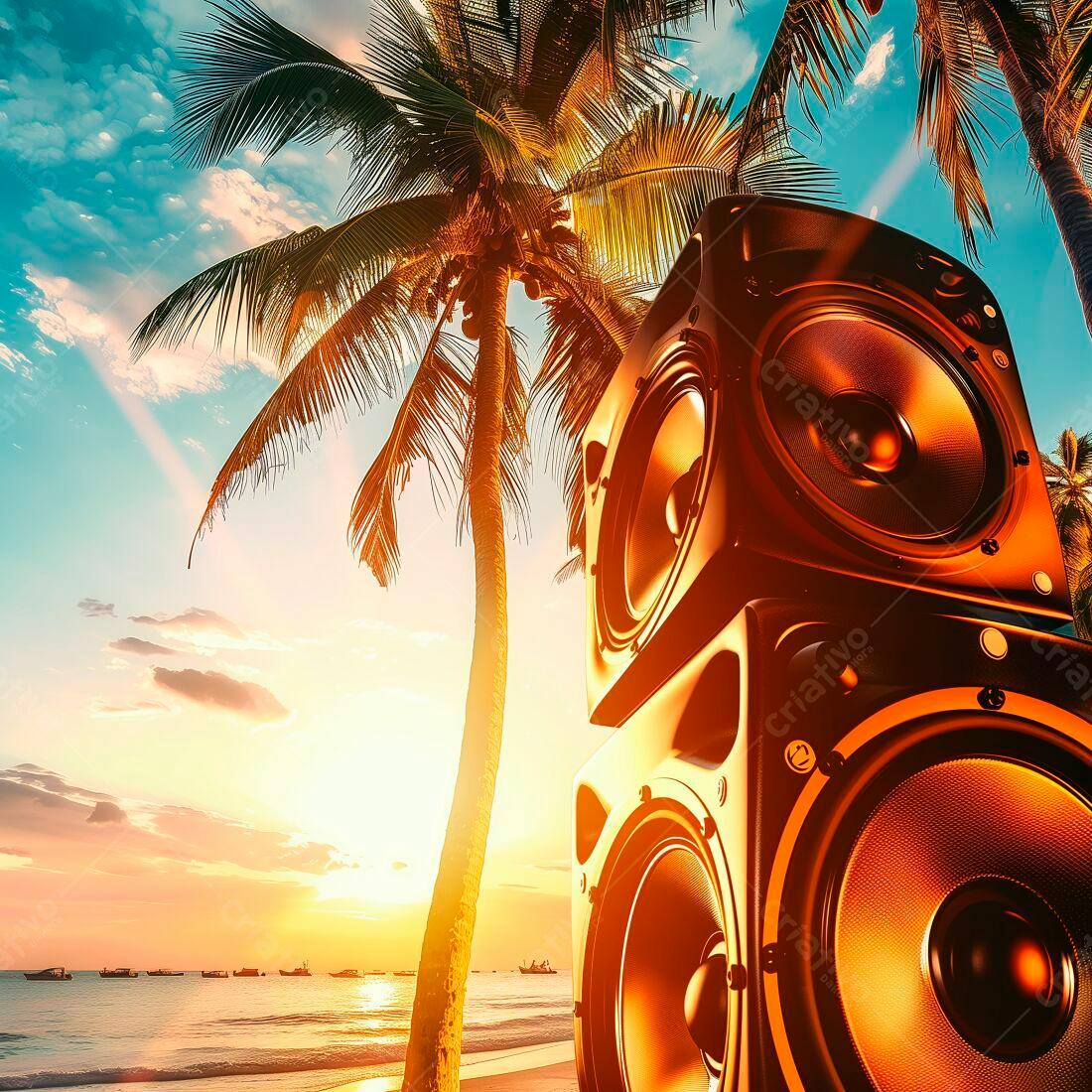 Caixas de Som na Praia ao Pôr do Sol