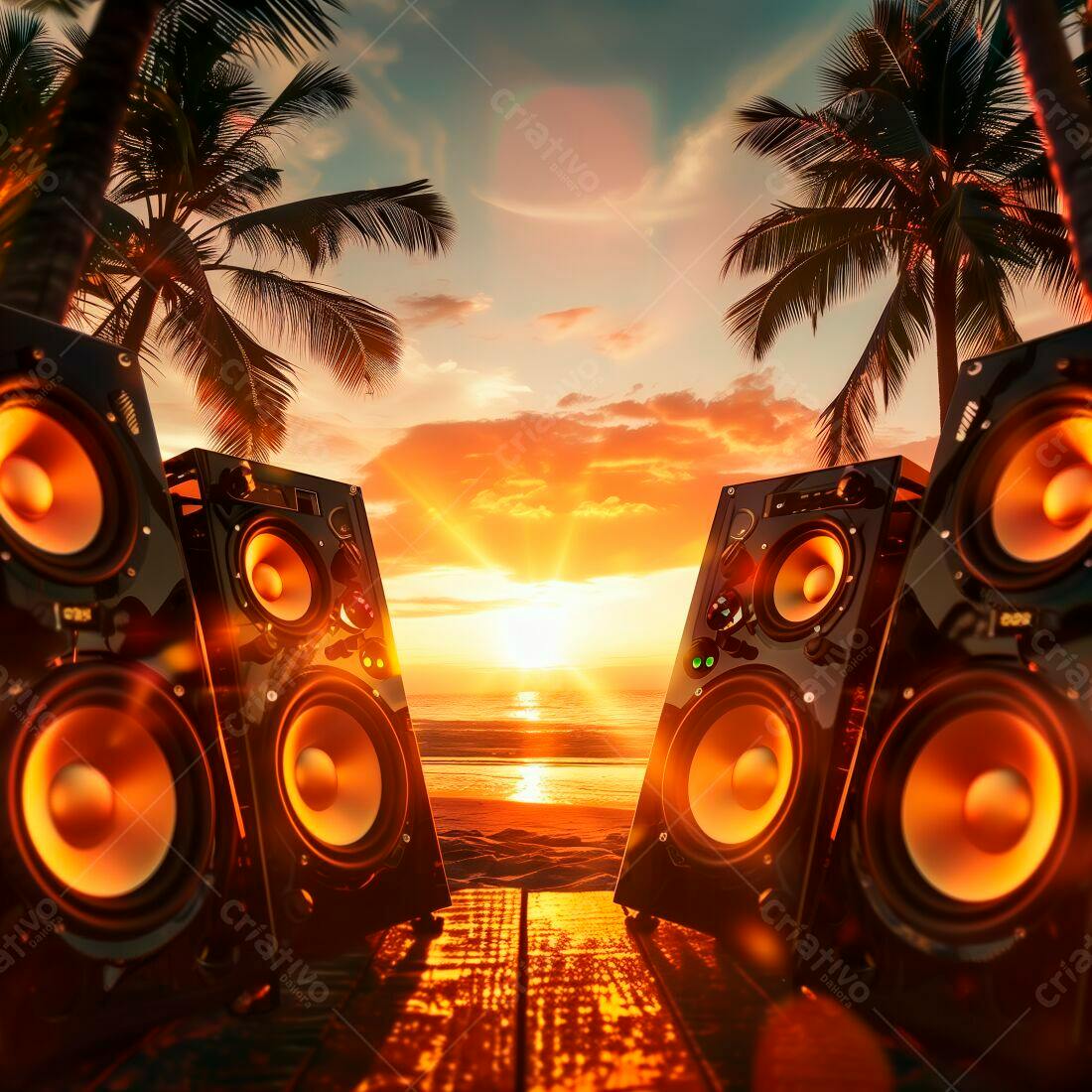 Caixas de som na praia ao pôr do sol