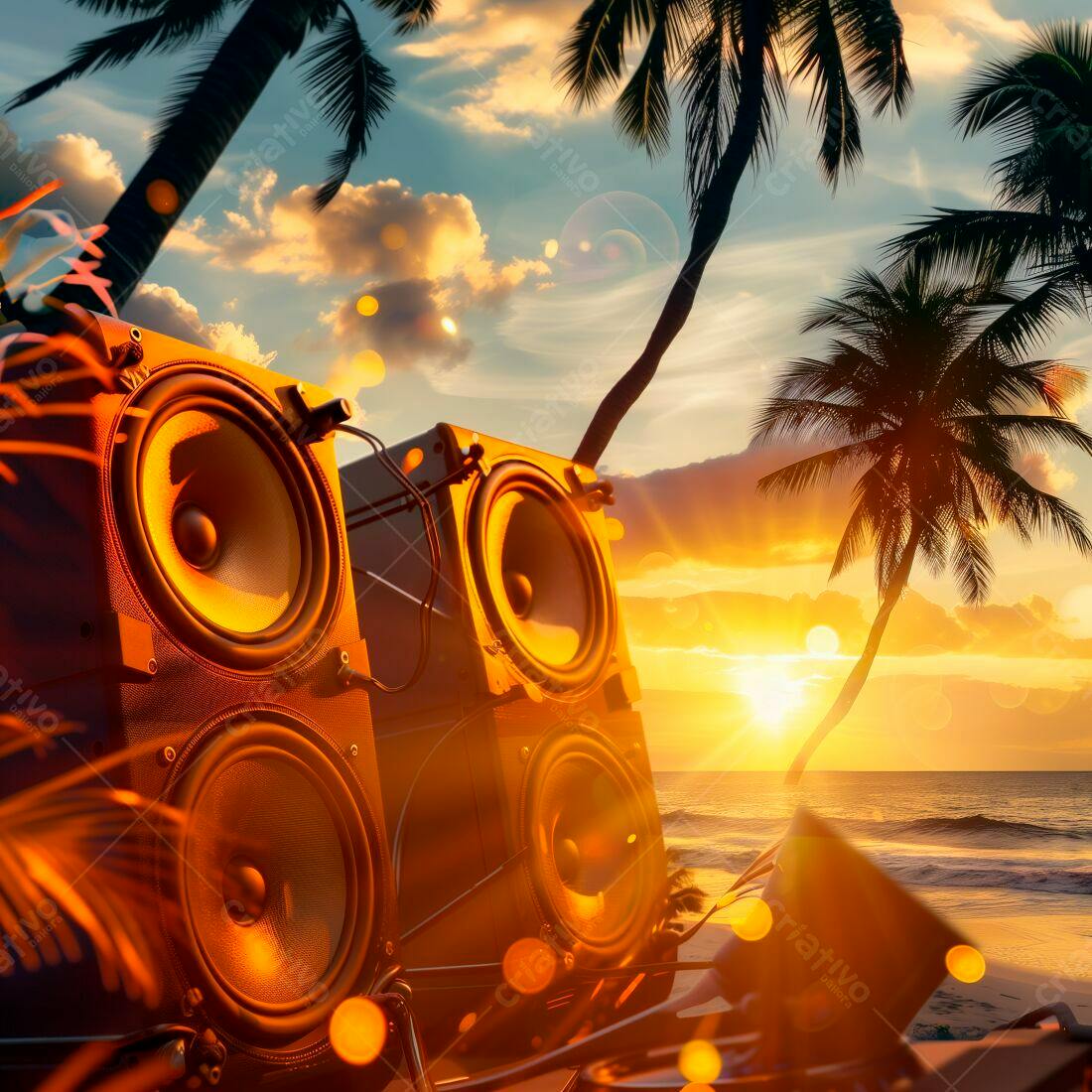 Caixas de som na praia ao pôr do sol