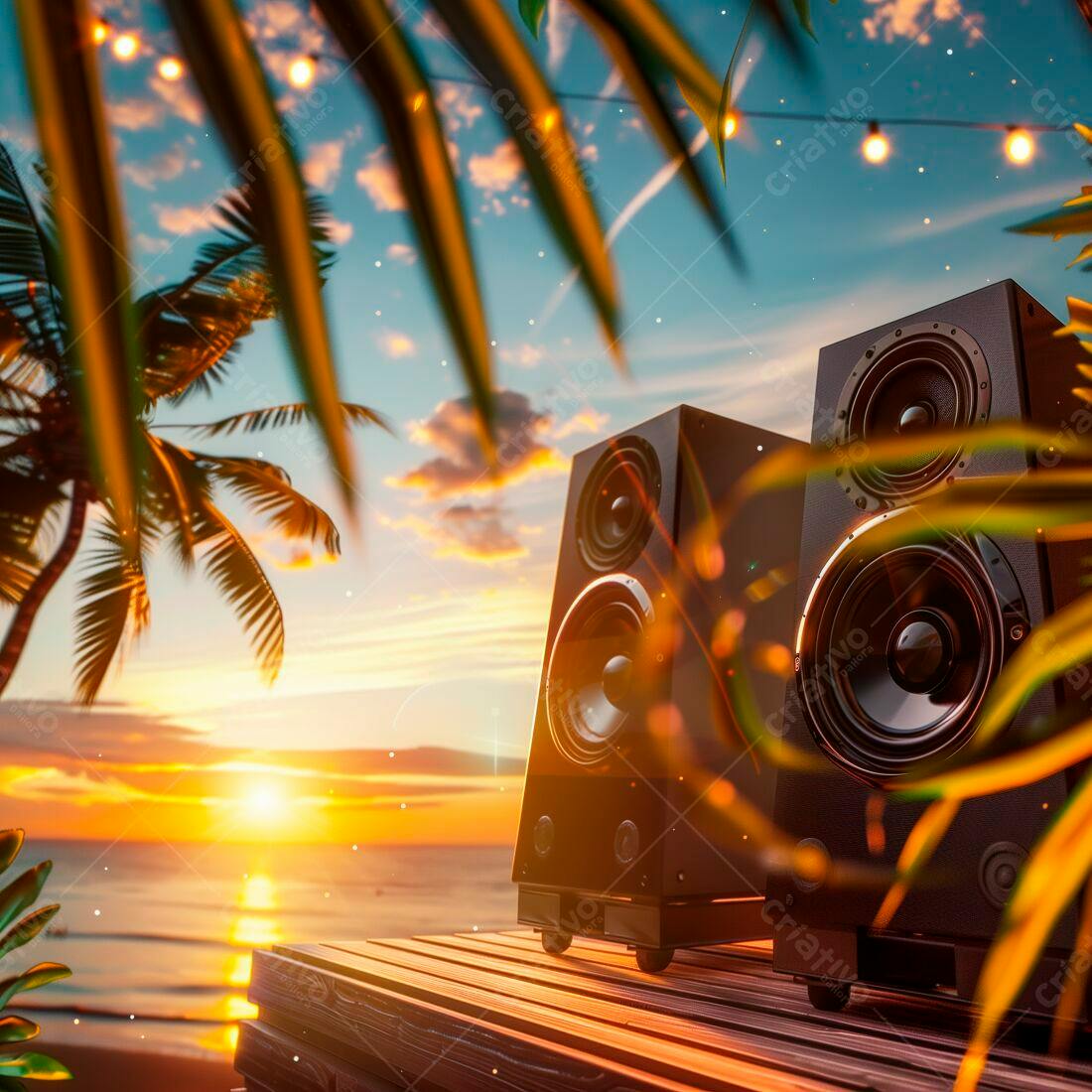 Caixas de som na praia ao pôr do sol