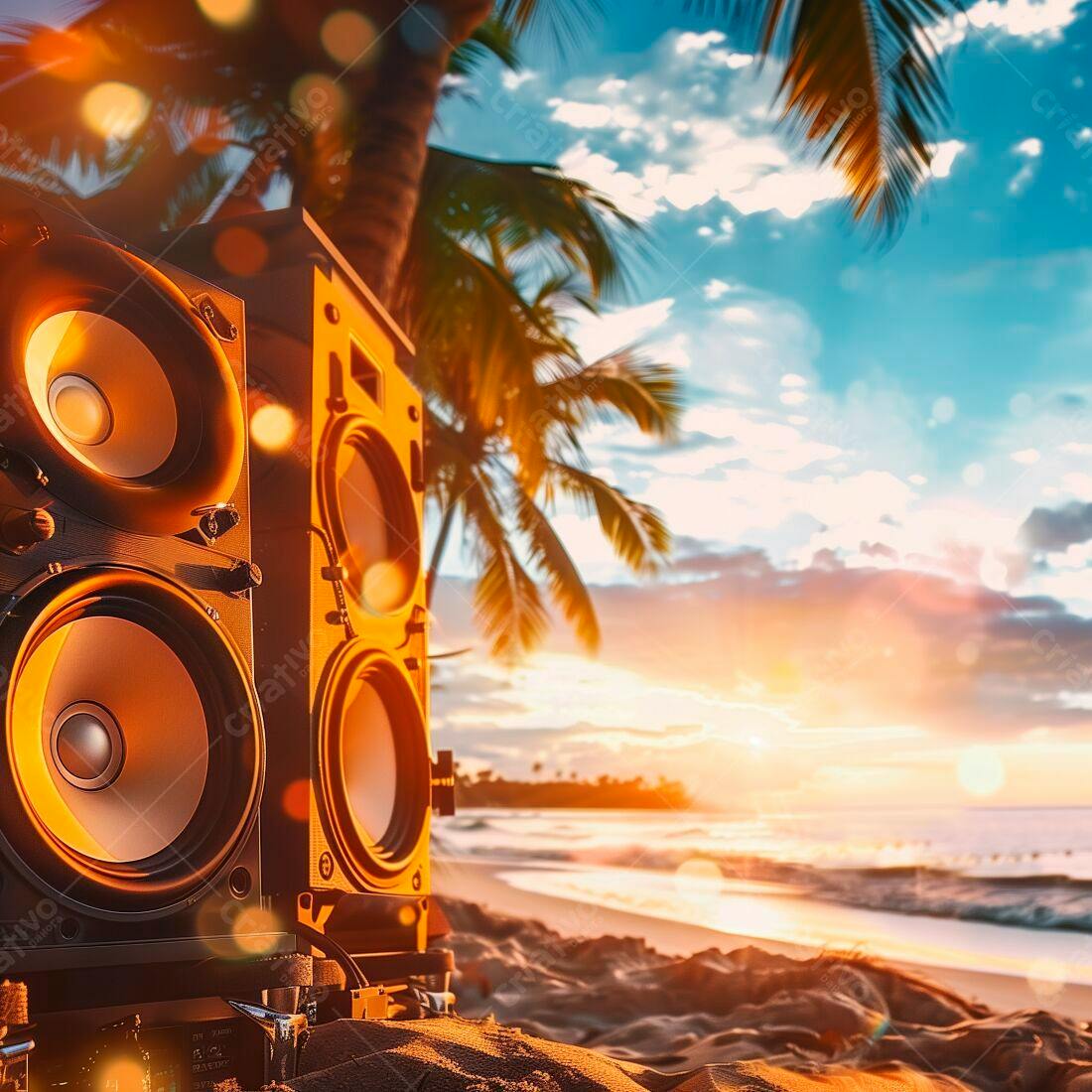 Caixas de som na praia ao pôr do sol