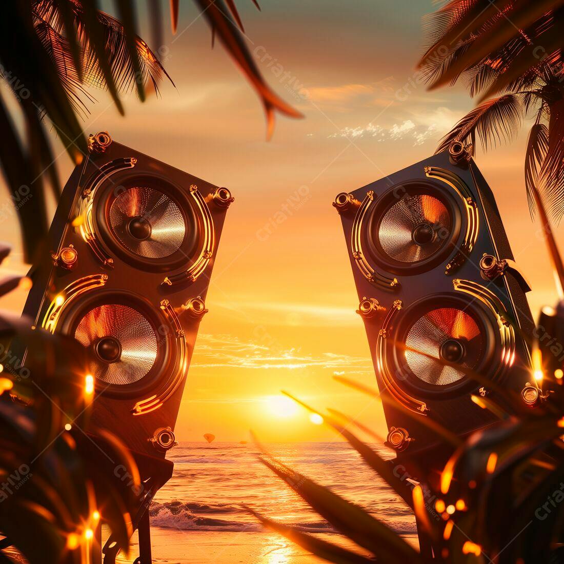 Caixas de Som na Praia ao Pôr do Sol