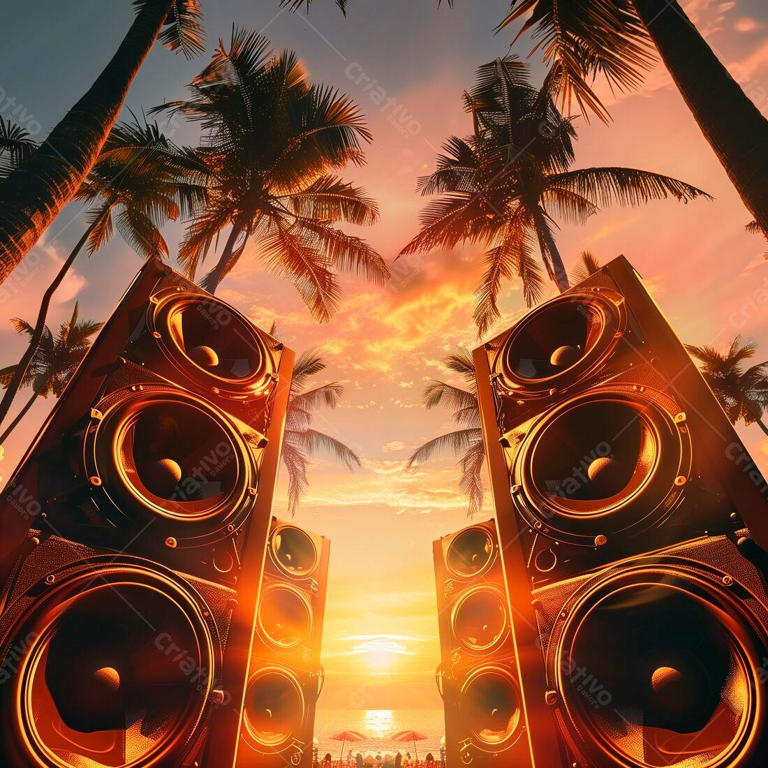 Caixas de som em praia ao pôr do sol