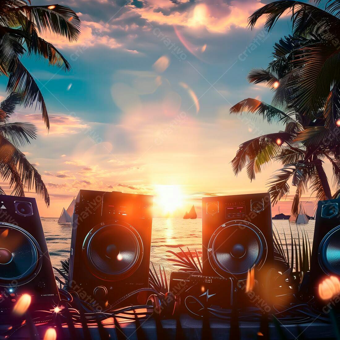 Caixas de som na praia ao pôr do sol