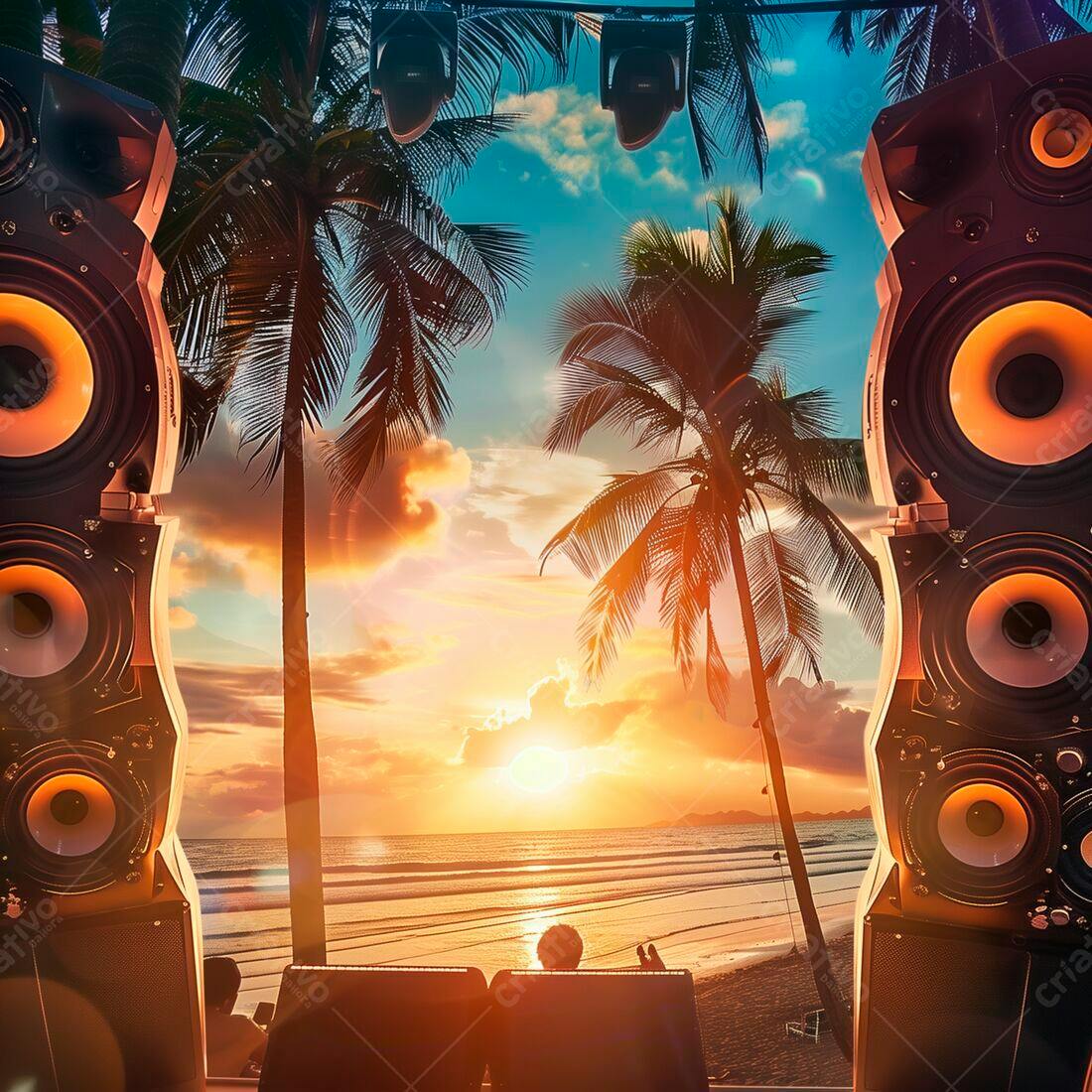 Sunset tropical festa na praia com caixas de som