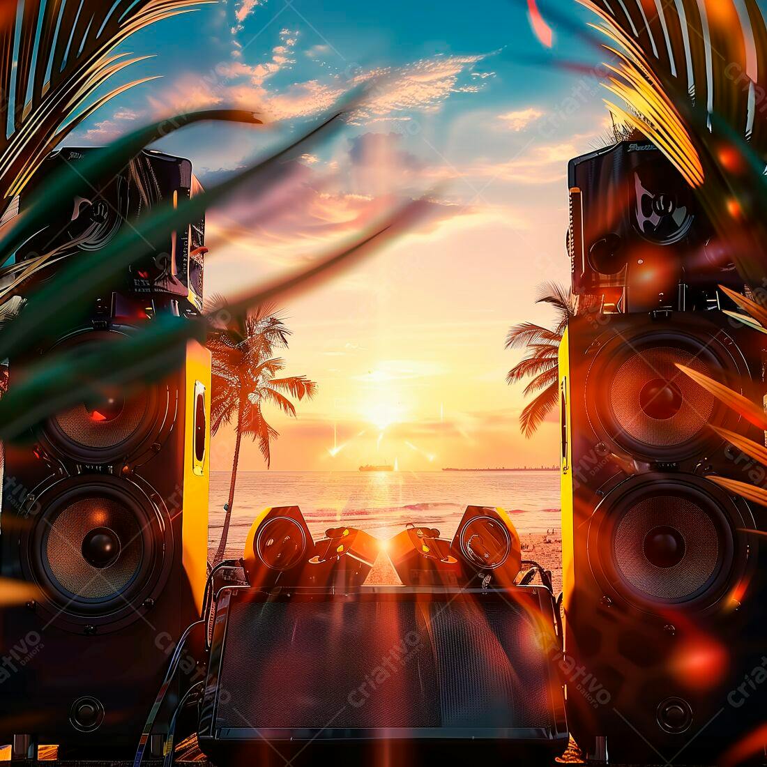 Caixas de som em praia ao pôr do sol