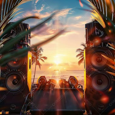 Sunset | praia, por do sol, caixas de som | background | imagem para composição