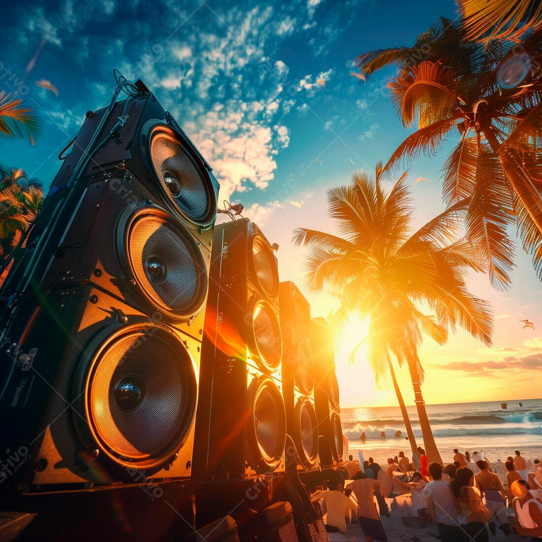 Caixas de som em festa na praia ao pôr do sol