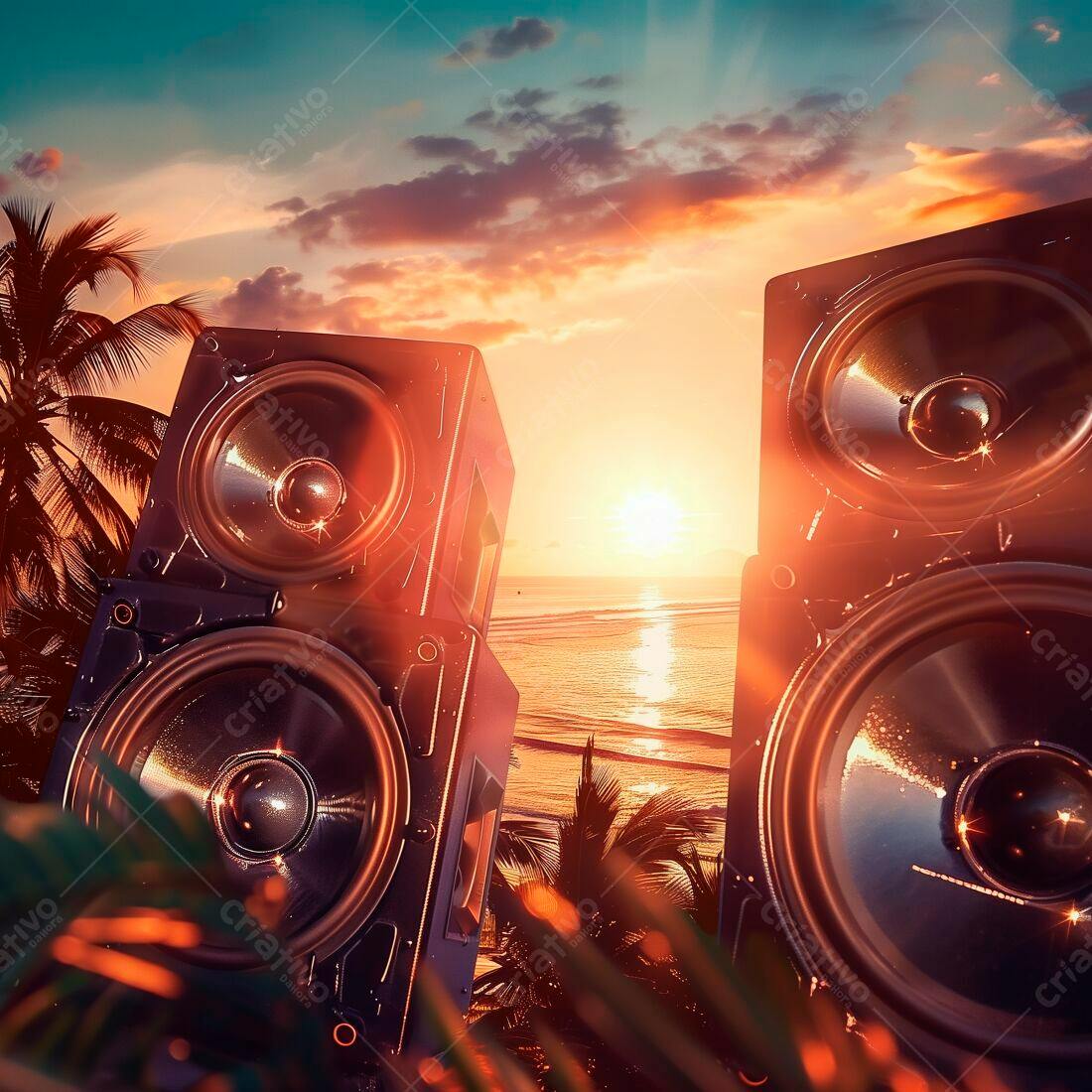 Caixas de som na praia ao pôr do sol