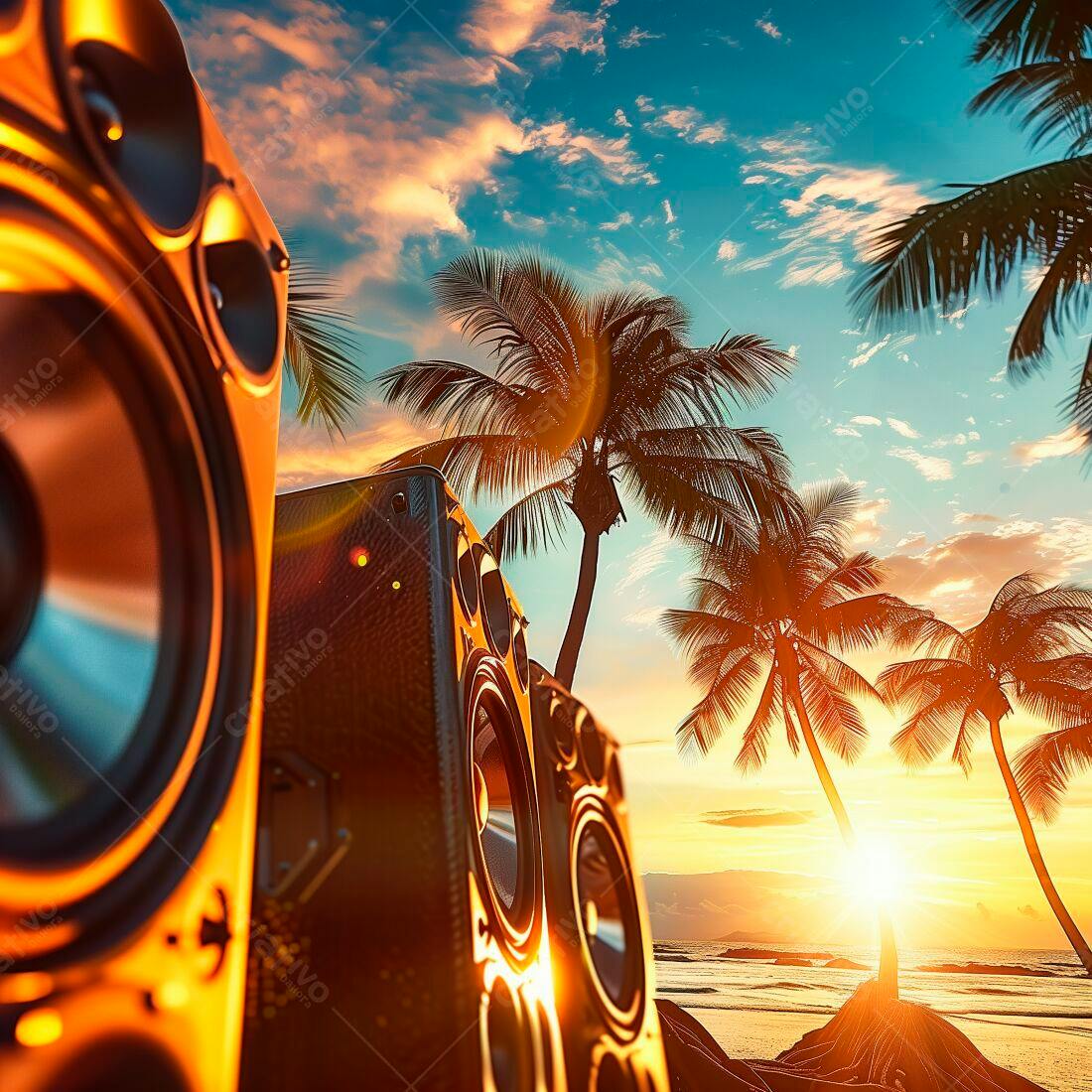 Caixas de Som na Praia ao Pôr do Sol