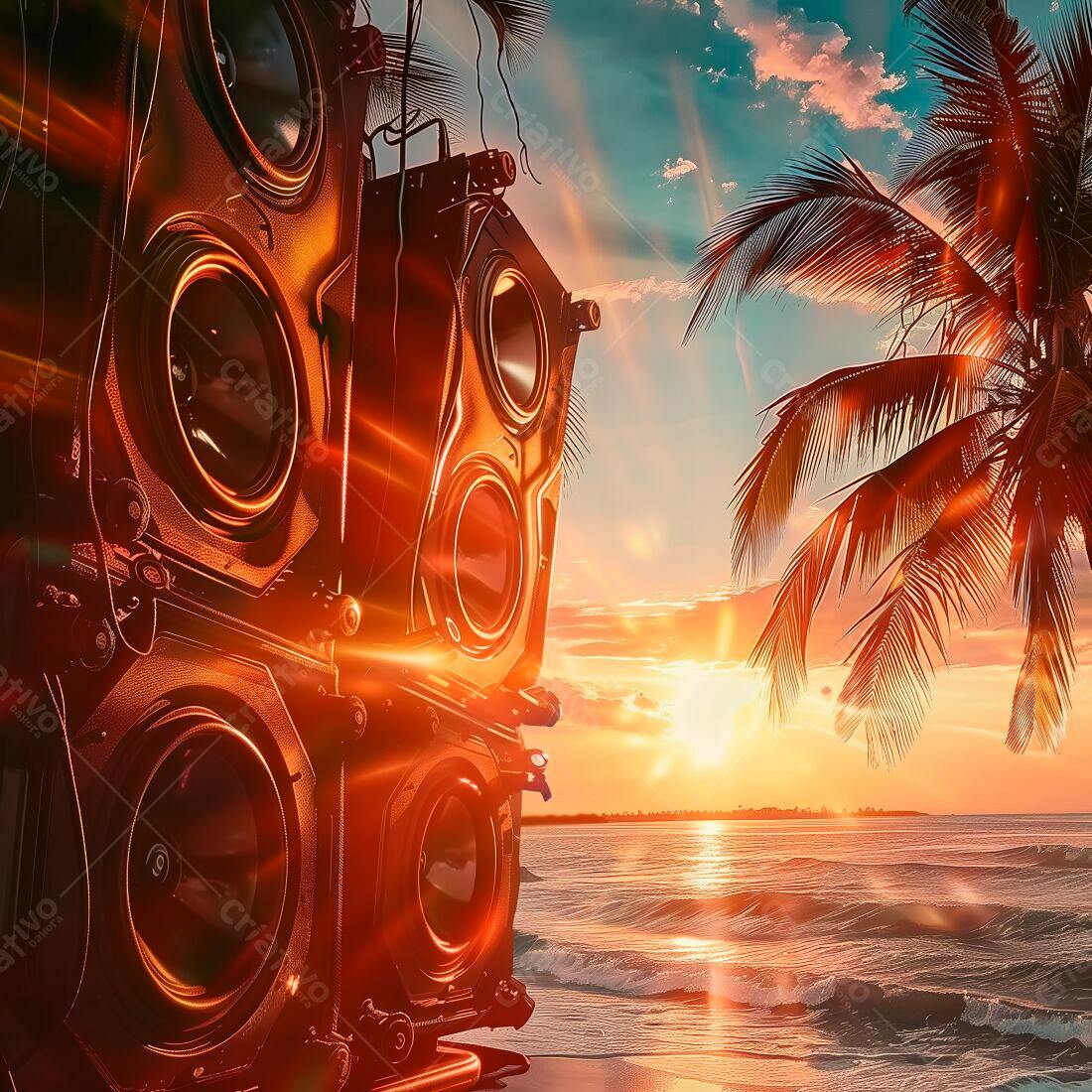 Caixas de Som na Praia ao Pôr do Sol
