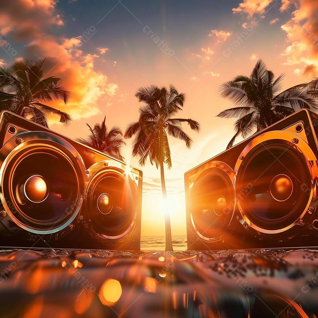 Caixas de Som na Praia ao Pôr do Sol