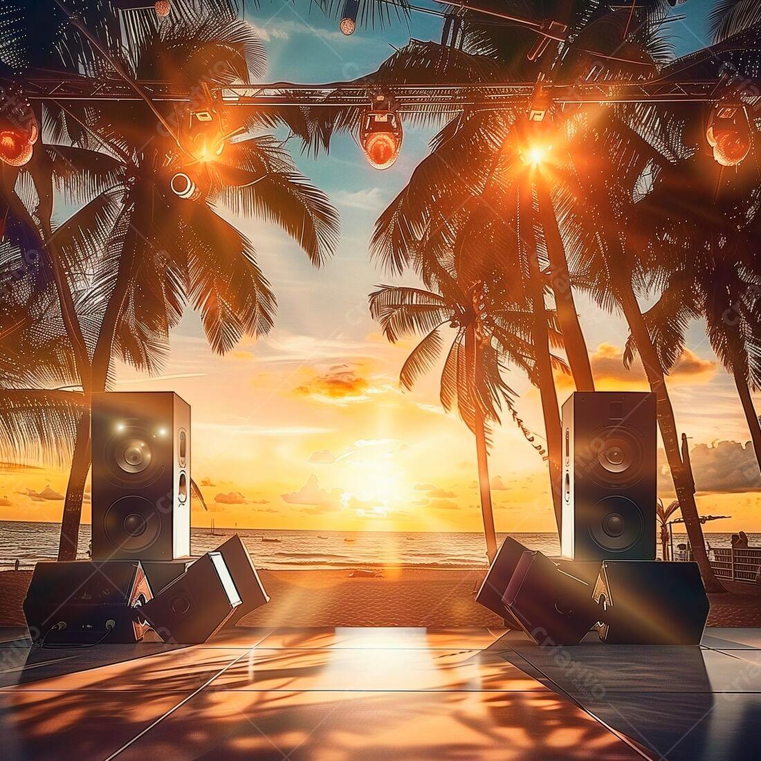 Palco na praia ao pôr do sol