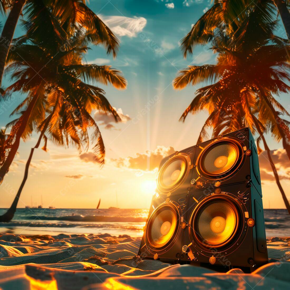 Caixas de Som na Praia ao Pôr do Sol