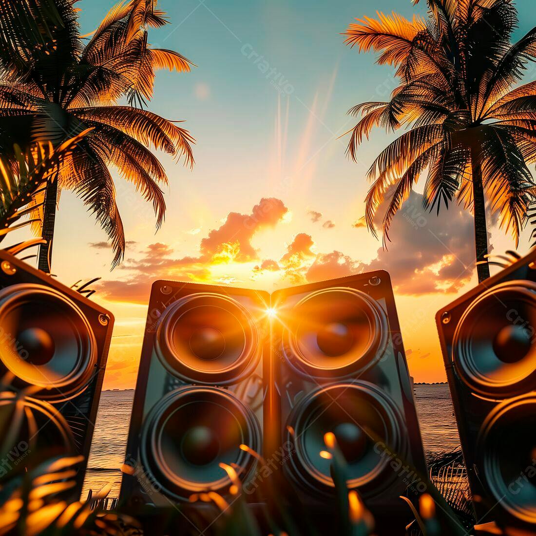 Caixas de som na praia ao pôr do sol