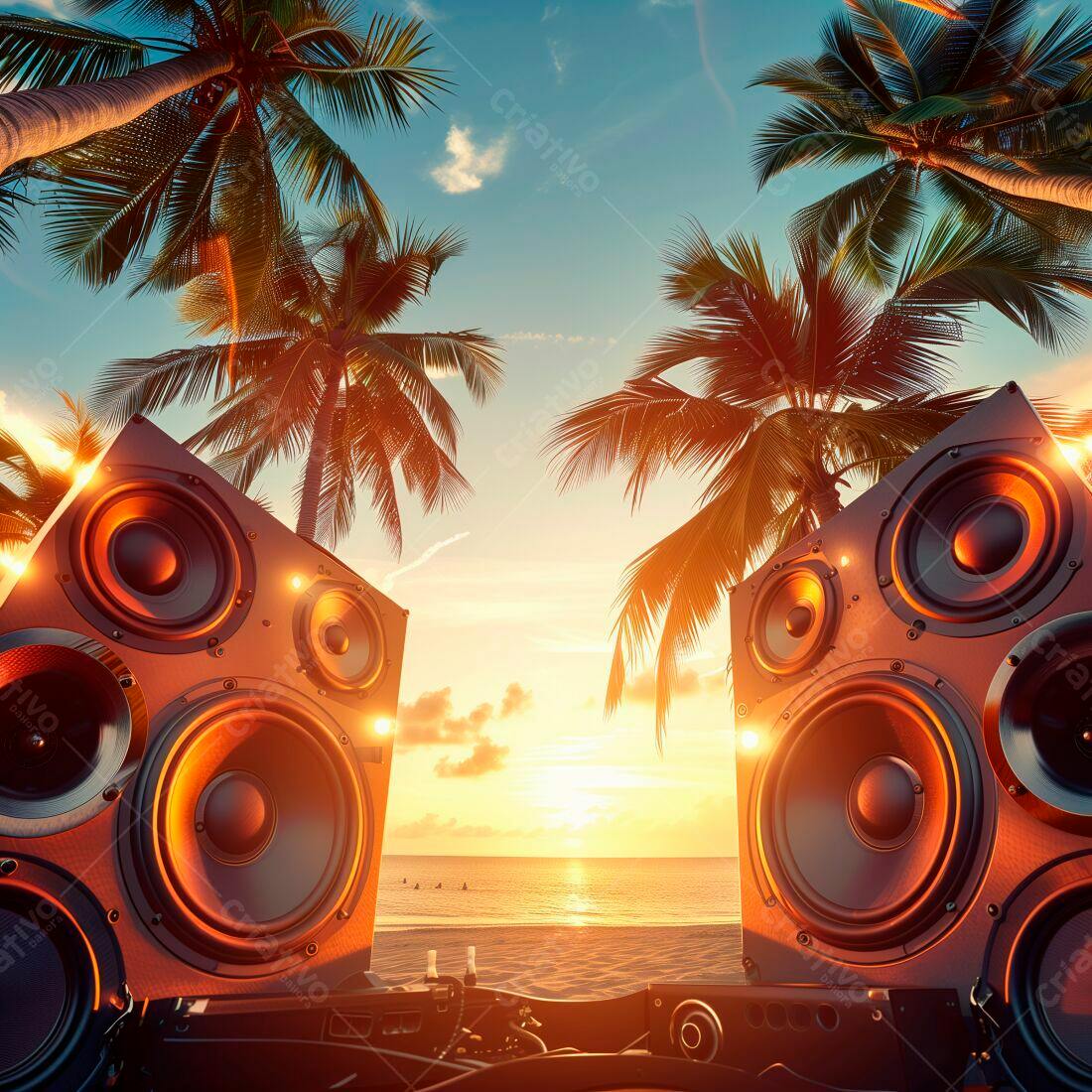 Caixas de Som na Praia ao Pôr do Sol