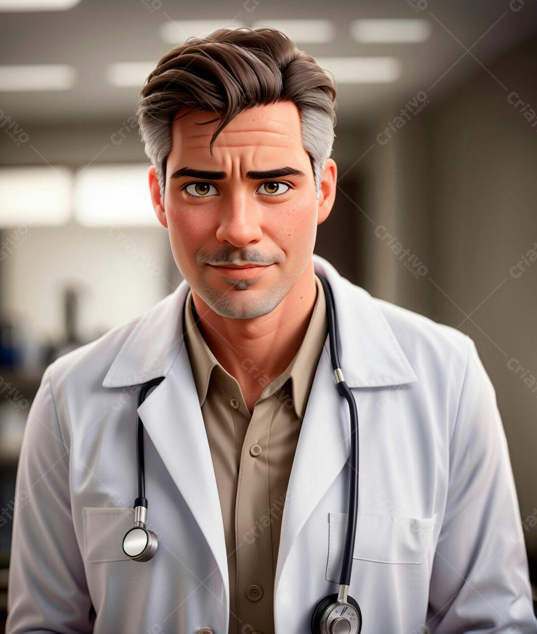 Médico jovem com jaleco branco e estetoscópio