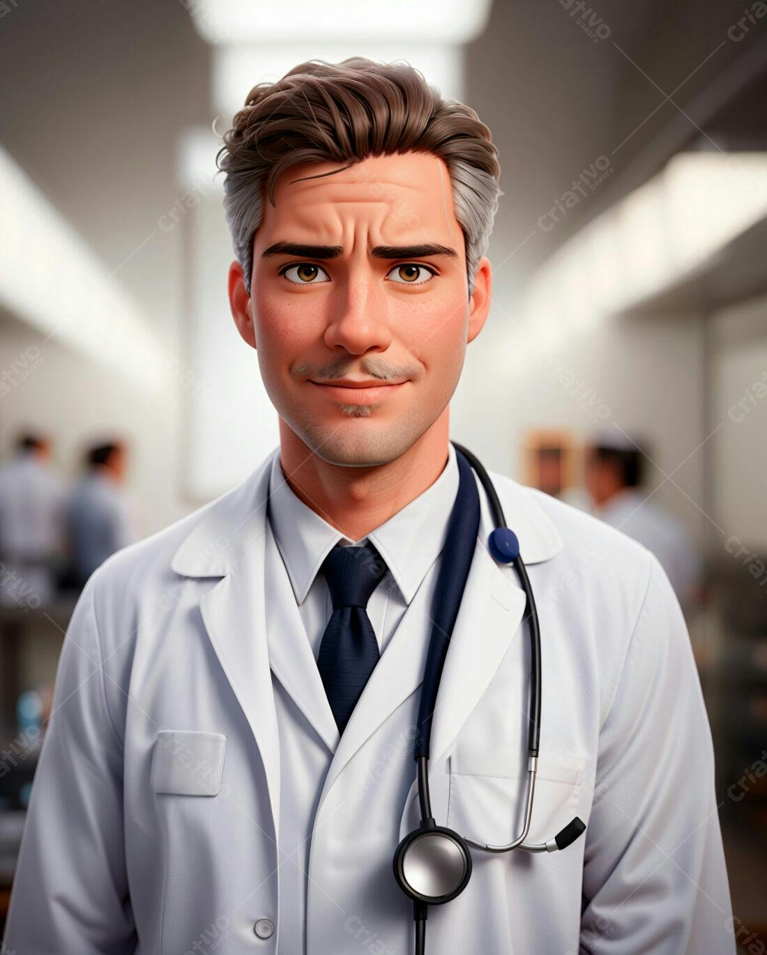 Médico sorridente com jaleco branco e estetoscópio