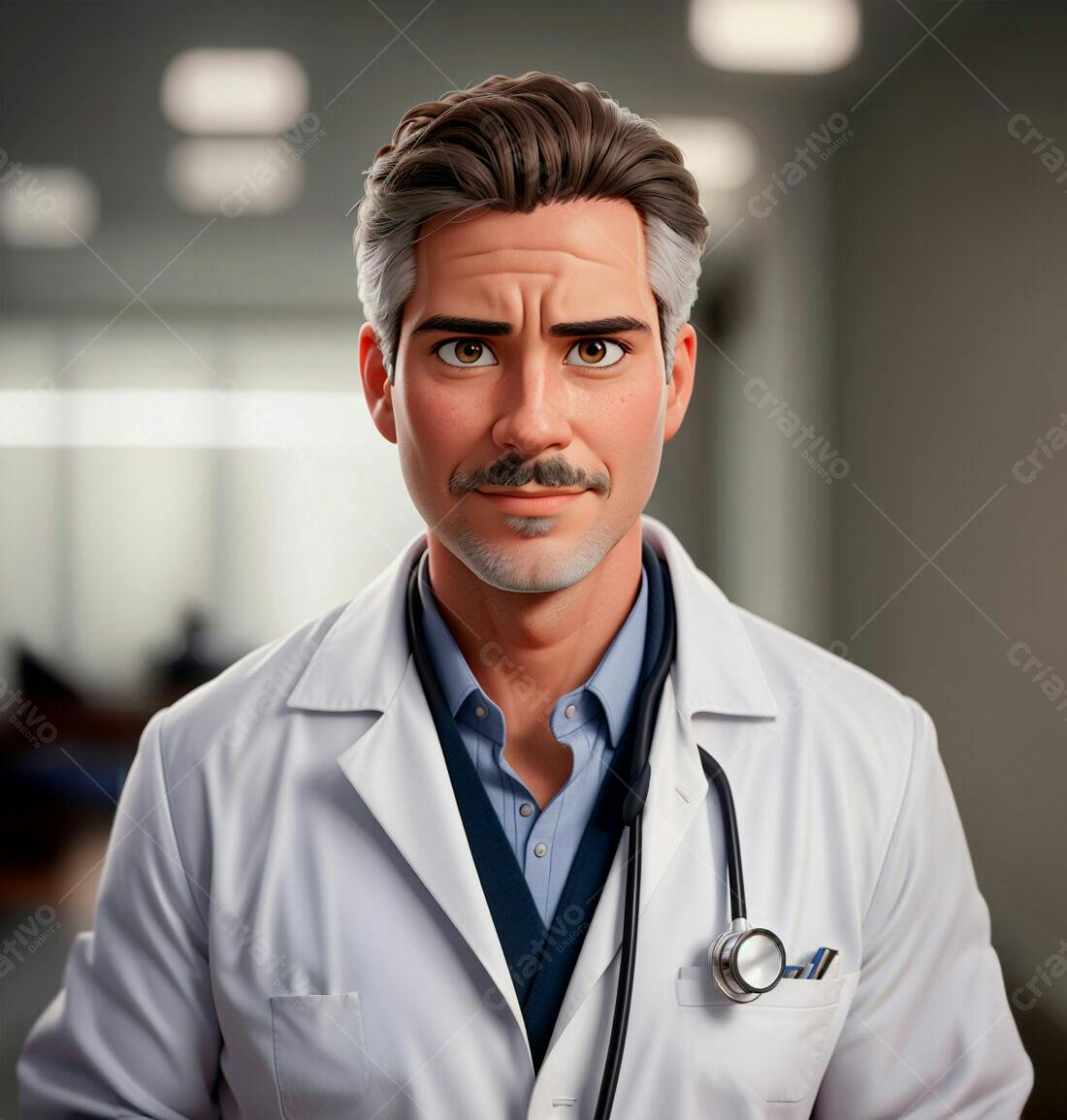 Médico estilo cartoon com bigode em consultório