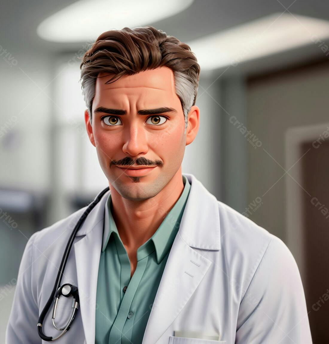 Médico sorridente com bigode em consultório