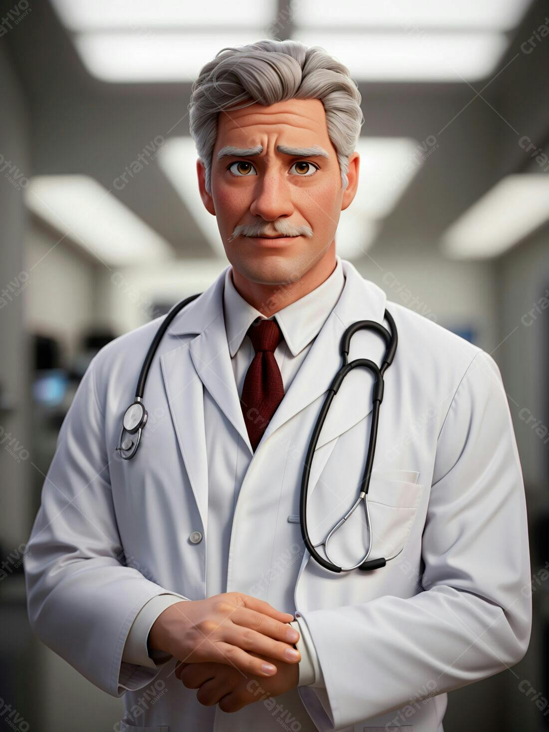 Médico idoso com jaleco branco em corredor