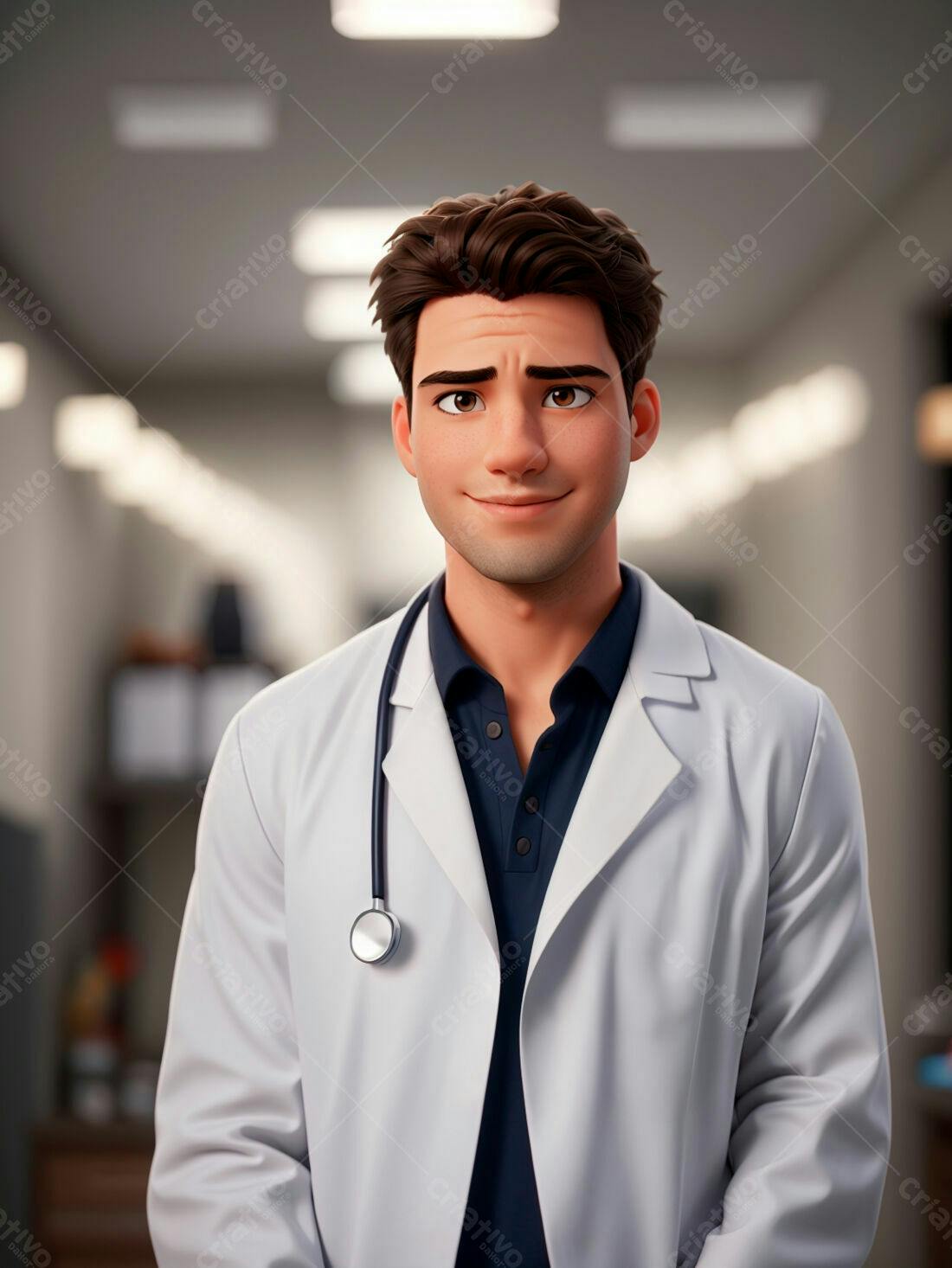 Médico animado sorrindo em corredor de hospital