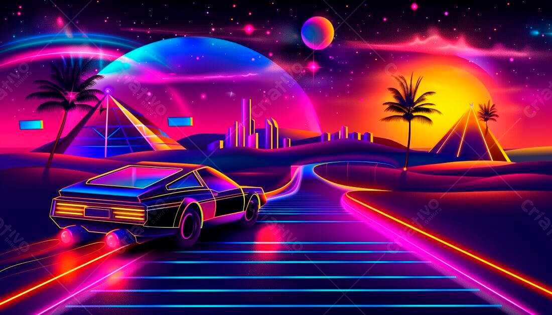 Carro futurista em estrada neon paisagem 80s