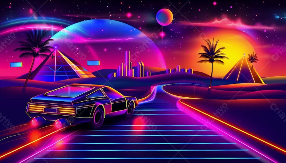 CARRO FUTURISTA NA ESTRADA COM LUZES NEON E UM POR DO SOL | IMAGEM