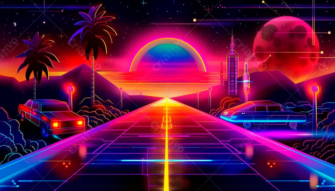 Estrada Neon Retrô com Carros Anos 80