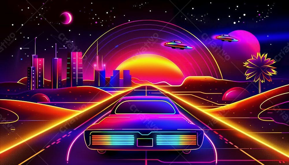 CARRO FUTURISTA NA ESTRADA COM LUZES NEON E UM POR DO SOL | IMAGEM