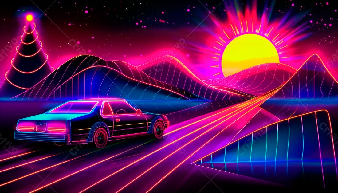 Carro 80s em estrada neon paisagem noturna