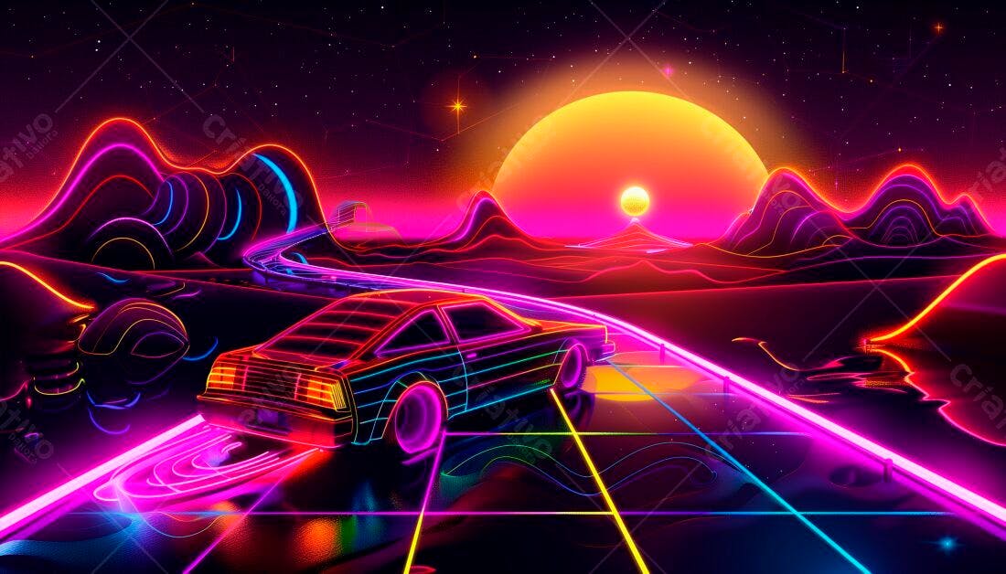 Carro retrô em estrada neon ao pôr do sol