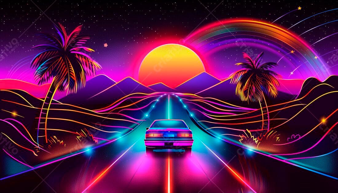 Carro na estrada neon paisagem 80s