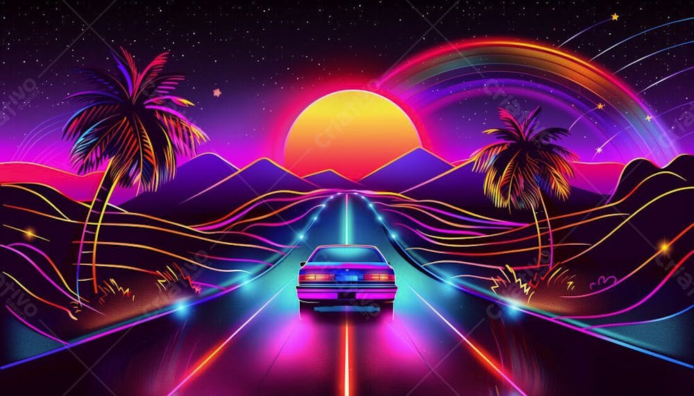 CARRO FUTURISTA NA ESTRADA COM LUZES NEON E UM POR DO SOL | IMAGEM