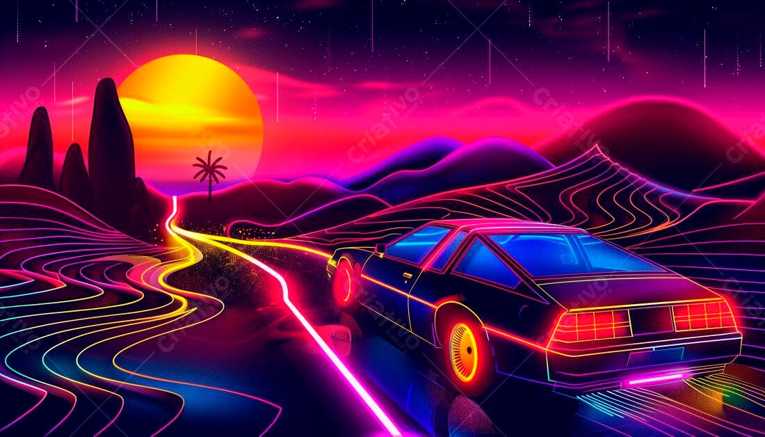 Carro futurista em estrada neon ao pôr do sol