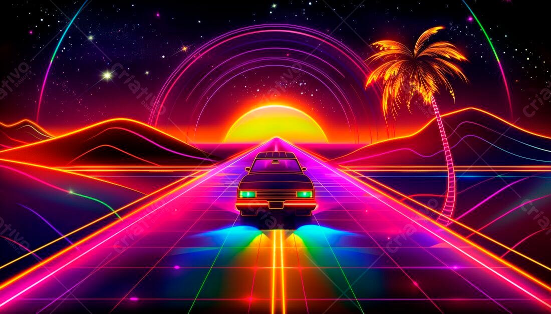 Carro em estrada neon anos 80