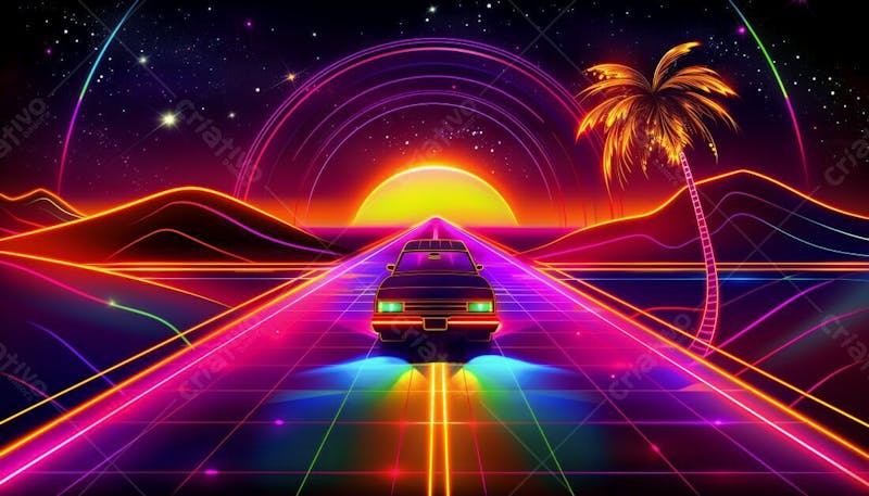 Carro futurista na estrada com luzes neon e um por do sol | imagem